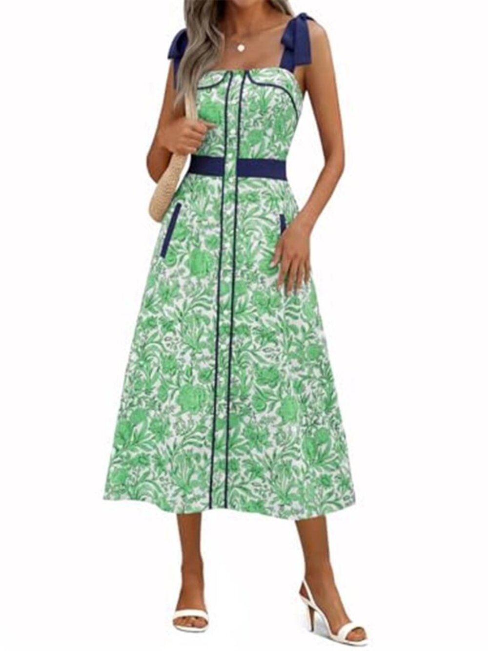 Women's Summer Floral Midi Dress Casual Tie Strap Sleeveless Boho Dress - Picture 1 of 5